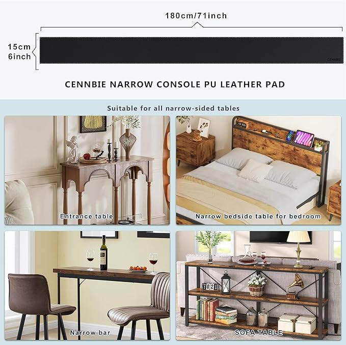 CENNBIE Console Table Leather Cover - 70.8 x 5.9 Inches Sofa Table Narrow Long Mat - TV/Media/Gaming/Center Console Table Protector Pad for Narrow Side Table, Sideboard, Entryway Table (Black)