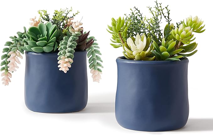 Artificial Succulent in Ceramic Pots, 2 Packs Large Faux Fake Plants Navy Blue for Desk,Office, Bedroom, Living Room, Bathroom Office Shelf Home Décor