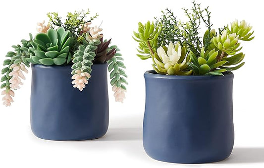 Artificial Succulent in Ceramic Pots, 2 Packs Large Faux Fake Plants Navy Blue for Desk,Office, Bedroom, Living Room, Bathroom Office Shelf Home Décor