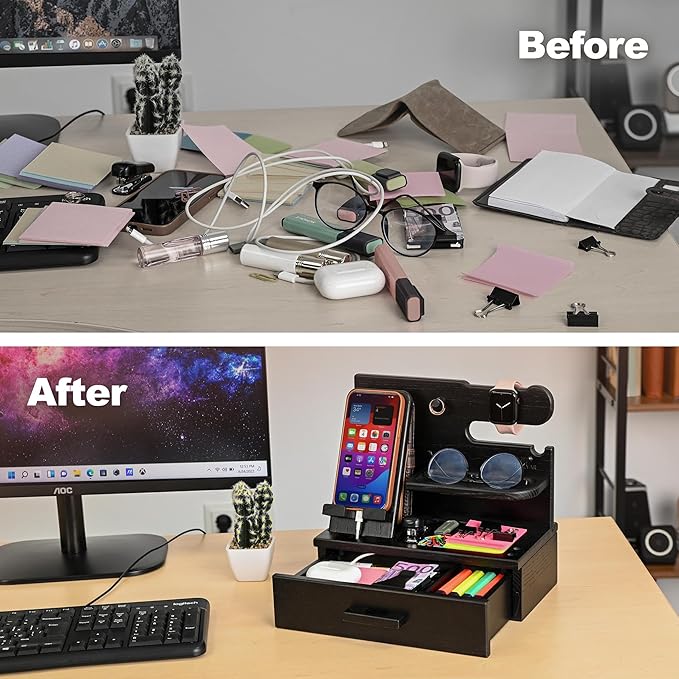 TESLYAR Wood Phone Docking Station with Drawer - Nightstand Organizer - Desk Organizer for Husband - Birthday Gifts for Men, Dad, Anniversary Idea, Key Holder Stand Watch & Accessories (Fumed Black)
