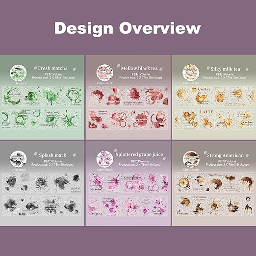 Memories of Coffee PET Tape Set, 6 Rolls Vintage Coffee Stain Stickers with Clip for Scrapbooking, Journaling, DIY and Crafts Supplies