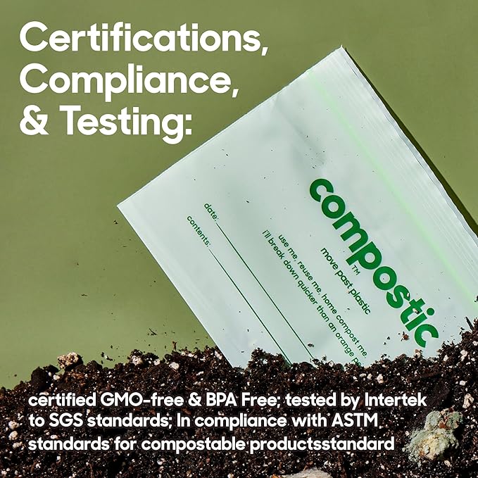 Compostic Home Compostable Resealable Snack Bags (6"x 3.5"), Microwave & Freezer Safe, Organic Food Storage Container, 200 Count