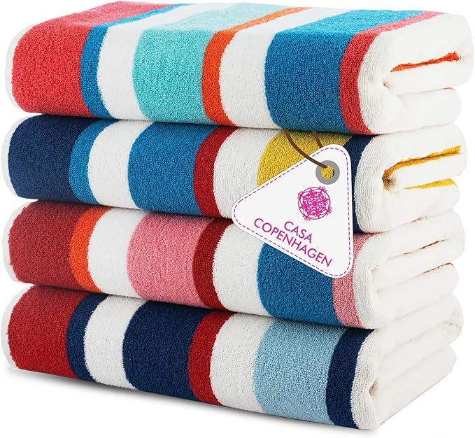 CASA COPENHAGEN Bora Bora Beach Towels Designed in Denmark Rough and Tough, Quick Dry, for Pool, Bath & Shower 30x60 inches 4 Pieces Cotton Beach Bath Towels Set - Pink, Red, Yellow, Turquoise