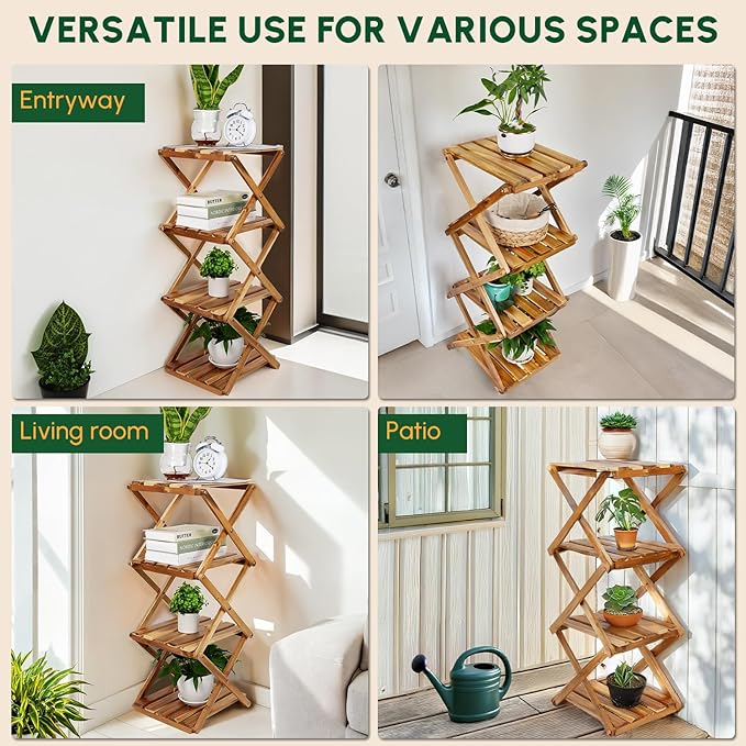 BEEFURNI Acacia Plant Stand Indoor Corner, Wooden Outdoor 4 Tier Corner Planter Stand, Foldable Shelf Display, Tall Plant Bench for Succulent, Easy Assembly, Window Decor, 1-year Manufacturer Warranty