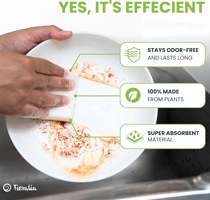 Tieralia Natural Dish Sponge Set – 6-Pack Eco-Friendly & Compostable Scrubbers | Cellulose & Sisal | Non-Toxic, Odor-Free, Reusable Kitchen Sponges for Dishes, Sink, Pots & Pans