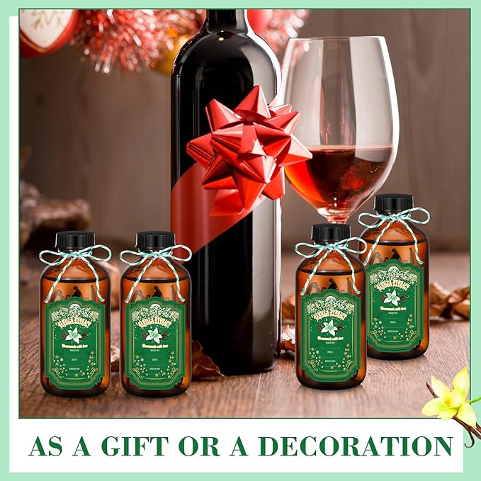 Uiifan 12 Pack Amber Glass Bottles Boston Round Sample Bottles Glass jars with Lids Dark Vanilla Extract and 12 Pcs Christmas Green Snowflakes Stickers for Gift Beans(2 oz)