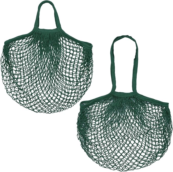 2-Pack Cotton Mesh Bag, Reusable Washable Mesh Net String Grocery Bags, Reusable Produce Bags with Handle, Net Tote Bag for Fruits Shopping [Dark Green, Long&Short Handle]