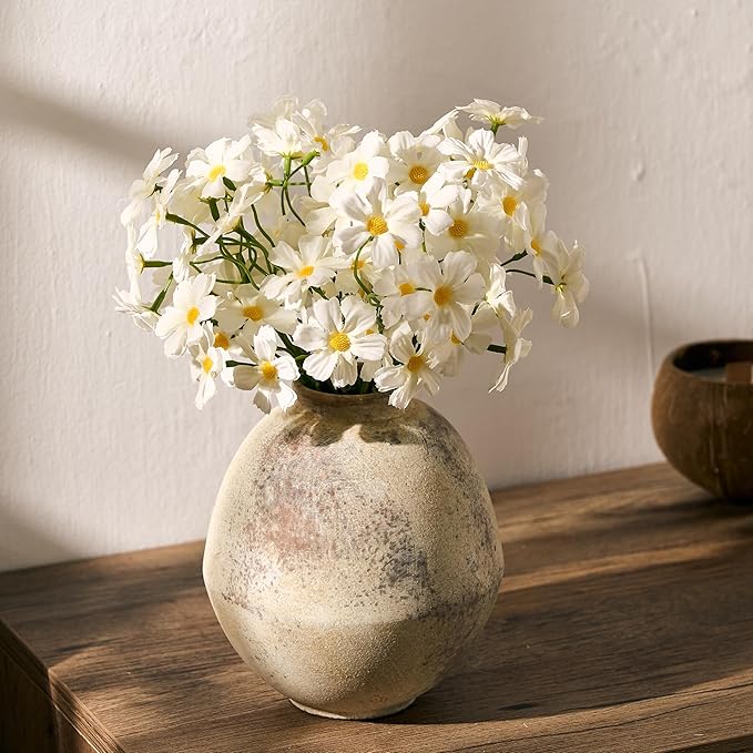 Ceramic Flower Vase, 6.22 Inch Rustic Farmhouse Vase Home Decor, Handcrafted Vintage Pottery Vase, Small Terracotta Vases for Living Room, Table, Shelf, Fireplace-Natural Brown