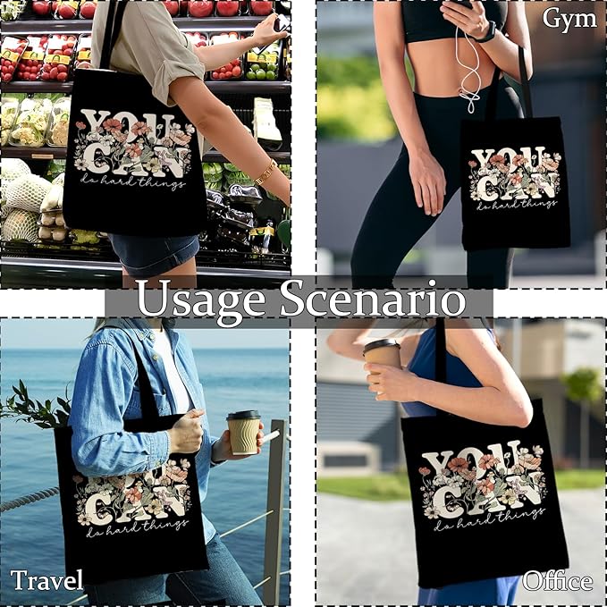 Dark Floral Inspirational Tote Bag, Motivational Gifts for Women Canvas Tote Bags, You Can Do Hard Things Positive Affirmation Reusable Grocery Shopping Bags