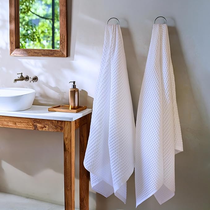 PÜSKÜL Premium Waffle Bath Towels Set of 2 - Organic 100% Turkish Cotton Bath Towel - Quick Dry, Absorbent, Light, Thin, 32x63 Large Waffle Towels for Bathroom (White Bath Towels - Pack of 2)