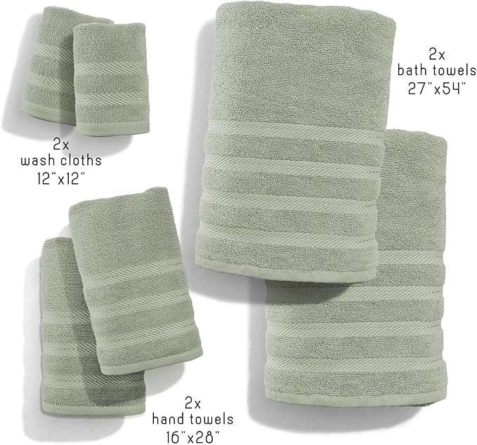 Hearth & Harbor Bath Towels for Bathroom - 100% Ring Spun Cotton Luxury Bathroom Towels - Soft & Highly Absorbent Bath Towels Set, 6 Piece Set, Sage Green