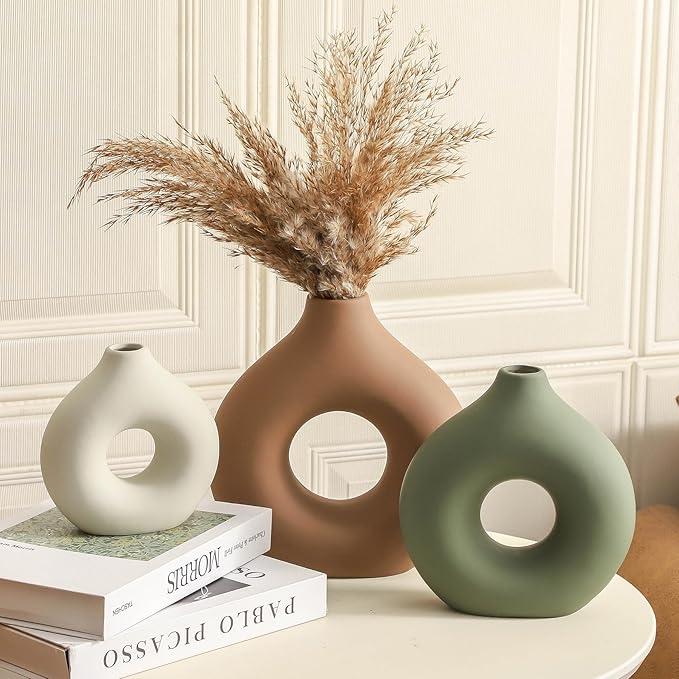 Ceramic Vase Home Table Decor - Flower Vases Set of 3 Small Living Room Centerpiece Decorations for Shelf Bedroom Office Kitchen Dining Desk Modern Aesthetic Farmhouse Decorative (Brown)