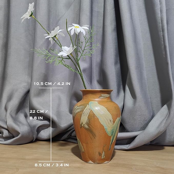 Terracotta Pottery - 8.8" Unique Decorative Vintage Vase, Green Glazed Earth Yellow Boho Neutral vase Home Decor, Wide Mouth Ceramic Farmhouse Flower Vases for Living Room, Kitchen Decor