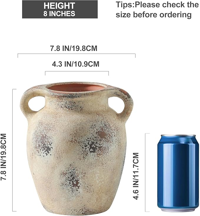 Enra Rustic Farmhouse Vase with Handle,7.8 Inch Pottery Decorative Flower Vase for Home Decor,Large Vintage Terracotta Vase for Table, Living Room, Bathroom Decoration, Shelf Decor, Mantel