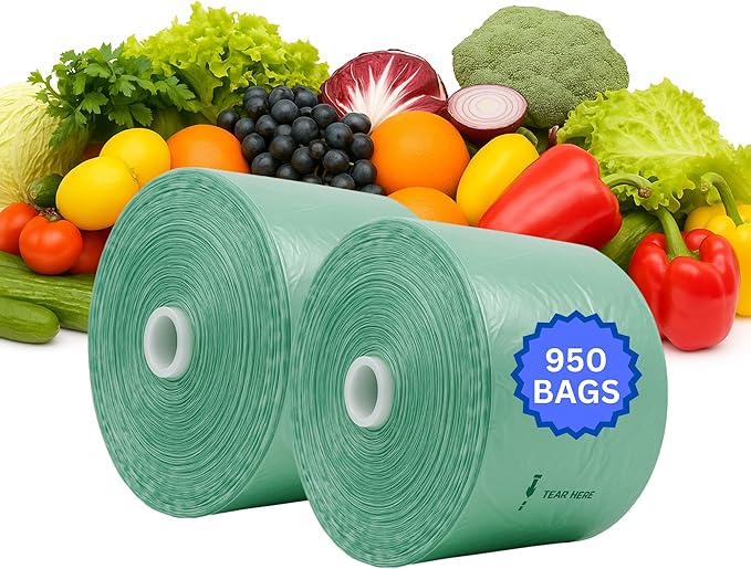 Narrow Profile Produce Bags Roll Green - 950 Bags - 16"x28" – 2 Rolls - 8 Microns – for Grocery, Small Business, Produce Use, Food & Storage Needs, Garden Fresh, Narrow Profile, Kitchen Use
