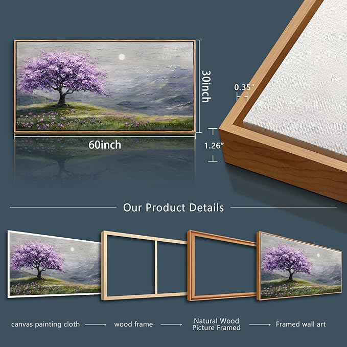 FUHAIHUA Wood Framed Canvas Wall Art For Living Room Large Wall Decor For Office Bedroom Decorations Purple Tree Pictures Farmhouse Painting Artwork Room Wall Mural Aesthetic Home Decor 30x60 In