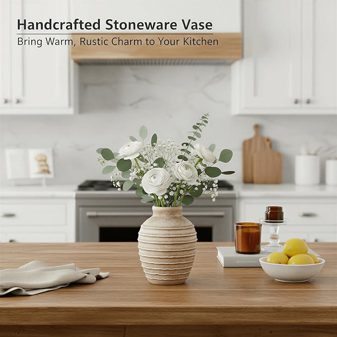 6.6-Inch Terracotta Ceramic Flower Vase, Rustic Farmhouse Boho Pottery Centerpiece for Table, Living Room & Shelf