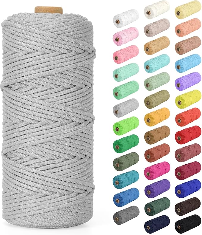 Macrame Cord 3mm x 109Yards (328Feet), Natural Cotton Macrame Rope - 4 Strands Twisted Macrame Cotton Cord for Wall Hanging, Plant Hangers, Crafts, Gift Wrapping and Wedding Decorations, Light Gray