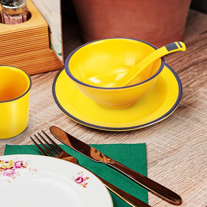 BESPORTBLE Melamine Dinnerware Set Yellow 4pcs Bowl Cup Plate Set Food Serving Containers Lightweight Unbreakable Tableware for Indoor Outdoor Dining