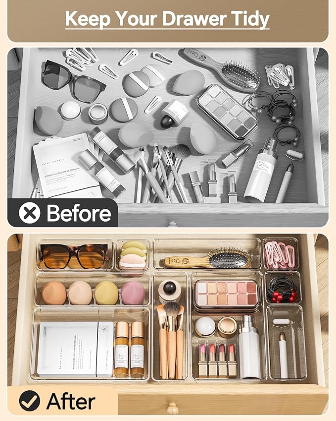 25 PCS Plastic Drawer Organizers Set, 4 Sizes Vanity Organizer, Makeup and Desk Drawer Organizer Trays, Organization and Storage for Makeup, Bathroom, Kitchen Utensils and Office (Clear)