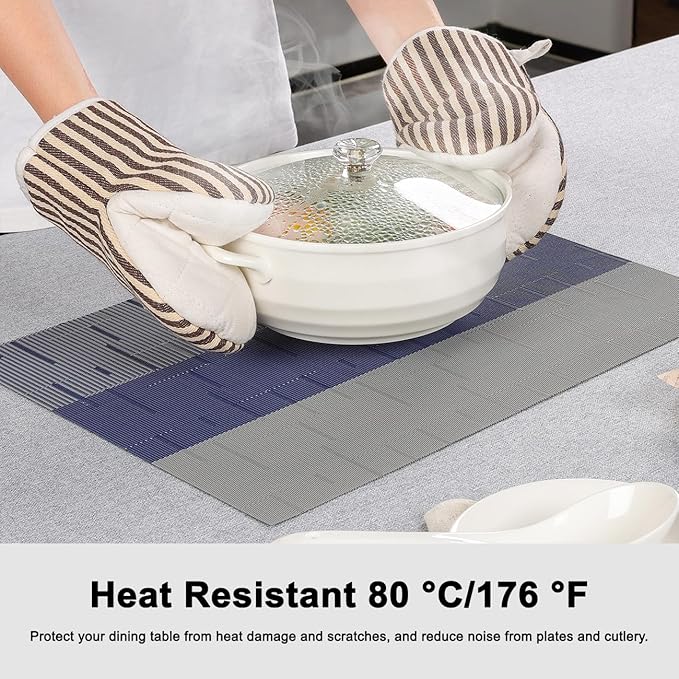 Placemats Set of 8, Vinyl Woven Place Mats Indoor Set of 8 Washable Wipeable PVC Table Mats Heat-Resistant Non Slip Plastic Placemat for Kitchen Dining Outdoor Table (Blue Gray, Set of 8)