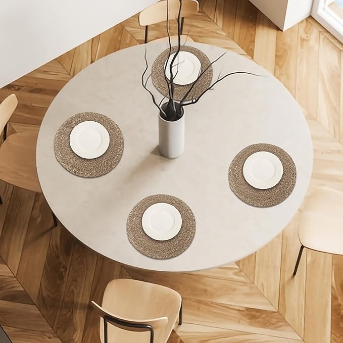 Hausattire Round Woven Placemats Set of 4 - Natural, Seagrass Heat Resistant Table Mats for Wedding, Restaurants, Party | Rattan Boho Easy Clean Circle Thanksgiving Placemat for Kitchen - 14 Inches