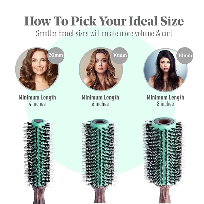 MINT Eco-Friendly Boar Bristle Round Brush for Blow Drying | Durable Blowout Styling for All Hair Types | Ceramic Round Brush with Hand-Crafted Wooden Handle (20 mm)