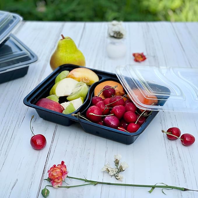 GUSTO [28 oz - 50 Count 2-Compartment Meal Prep Containers with Lids – Reusable, Microwaveable, Dishwasher & Freezer Safe, BPA-Free Food Storage Boxes for Portion Control (Formerly Comfy Package)