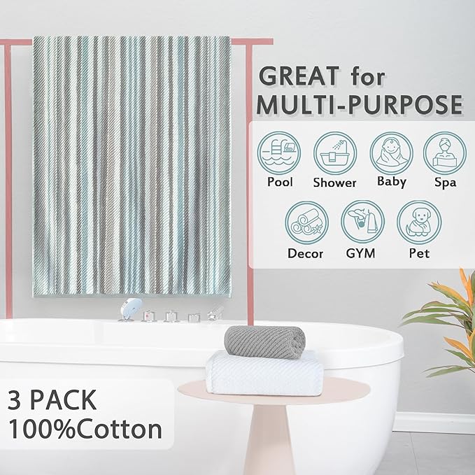 VOOVA & MOVAS 3PCS Bathroom Towels, 100% Cotton, Quick Dry, Thick, Soft, 1PC Stripe Bath Towel 30"x54", White Hand Towel 18"x28", Gray Washcloth 13"x13", Bathroom Essentials