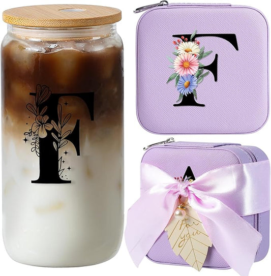 AYGXU Bridesmaid proposal gifts,Travel Initial Jewelry Box for Girls,Travel Jewelry Case,Initial Glass Cup,Cute Tumbler Cup,Small Jewelry Organizer for Teen Girls Gifts,Initial F purple
