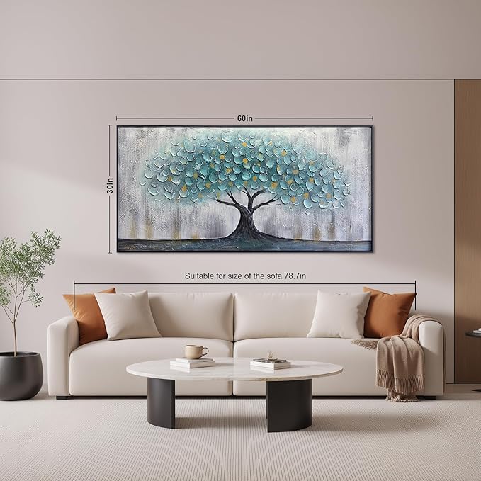Teal Blue Tree of Life Canvas Wall Art for Living Room, Hand Painted Modern Abstract Textured Painting, Large Framed Panoramic Landscape wall art for Living Room, Bedroom, Office, Home Decor 60"x30"