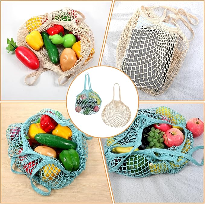 2 PCS Cotton Mesh Grocery Bags, Reusable Mesh Produce Bags, Long Handle Net String Shopping Tote Bag for Fruit Veggie Food Storage