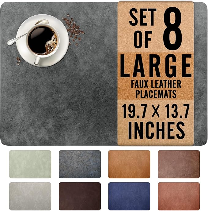 UnivoColors Washed Cowhide Pattern Faux Leather Big Size Placemats Set of 8, Waterproof Easy to Clean Anti-Slip PU Table Mats for Party Decoration19.7″×13.6″,Dark Grey Retro Cowhide Pattern