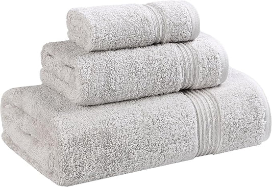 Superior Egyptian Cotton 3-Piece Towel Set, Basic Towels For Bathroom, Home Decor, Guest Bath, Shower, Apartment, Included 1 Face, 1 Hand, 1 Bath Towel, Washcloth, Quick Dry, Silver
