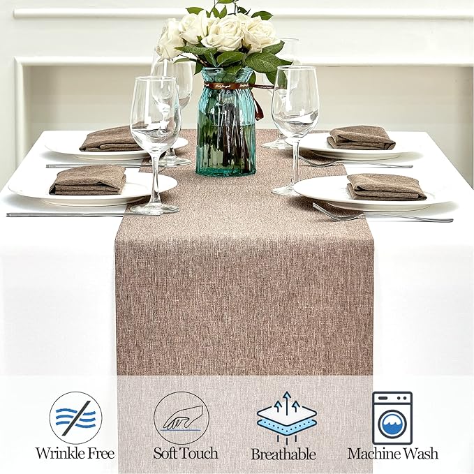 Mebakuk Linen Farmhouse Table Runner Large Burlap Style Soft and Waterproof Decorative Fabric Runner for Outdoor Wedding and Dinner (14 x 48 Inch, Flaxen)