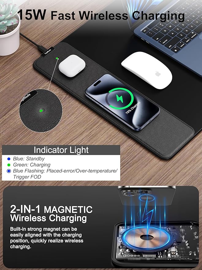 TopMade Mouse Pad with 15W Fast Wireless Charging, 35.43"x15.75" XXXL Large Gaming Waterproof Desk Pad with Ultra-Smooth Surface, Non-Slip Base, Classic Black Computer Desk Mat for MacBook, PC, Laptop