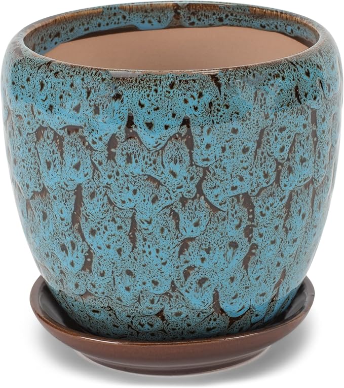 Napco Mottled Teal and Black 4.5 Inch Ceramic Flower Pot Planter with Saucer