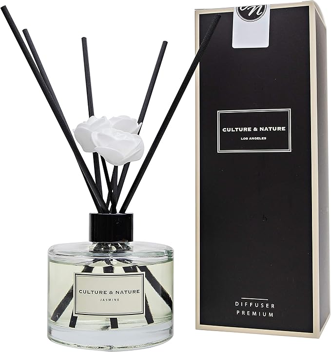 CULTURE & NATURE Reed Diffuser Set 6.7oz (200ml) Jasmine Scented Diffuser with Sticks Home Fragrance Reed Diffuser for Bathroom Shelf Decor