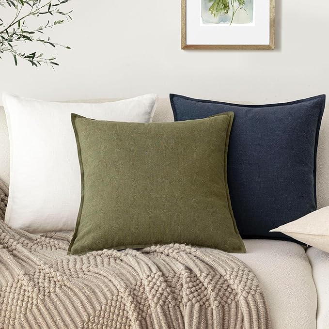 Foindtower Pack of 2, Decorative Linen Soild Throw Pillow Covers Soft Accent Cushion Case Boho Farmhouse Pillowcase for Chair Couch Sofa Bedroom Living Room Home Decor 26 x 26 Inch Olive Green