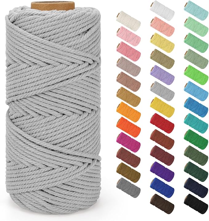 Macrame Cord 4mm x 109Yards (328Feet), Natural Cotton Macrame Rope - 4 Strands Twisted Macrame Cotton Cord for Wall Hanging, Plant Hangers, Crafts, Gift Wrapping and Wedding Decorations, Light Gray