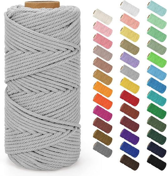 Macrame Cord 4mm x 109Yards (328Feet), Natural Cotton Macrame Rope - 4 Strands Twisted Macrame Cotton Cord for Wall Hanging, Plant Hangers, Crafts, Gift Wrapping and Wedding Decorations, Light Gray