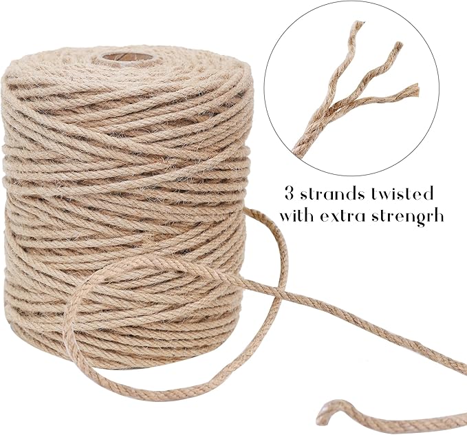 Natural Jute Twine 656ft 6mm,4Ply Twisted Thick Twine Rope Strong Jute String Roll for Crafts Gift Wrapping Gardening Home Decor Bundling Cat Scratching Post