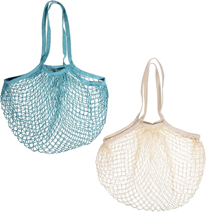 2-Pack Reusable Mesh Grocery Bags, Cotton String Storage Organizer Shopping Bags Washable Produce Bag with Long Handle Portable Net Tote Bag for Vegetables Fruit Farmers Market Shopping