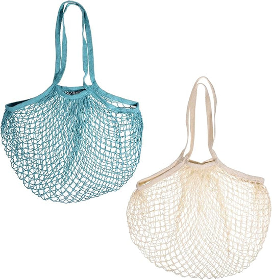2-Pack Reusable Mesh Grocery Bags, Cotton String Storage Organizer Shopping Bags Washable Produce Bag with Long Handle Portable Net Tote Bag for Vegetables Fruit Farmers Market Shopping