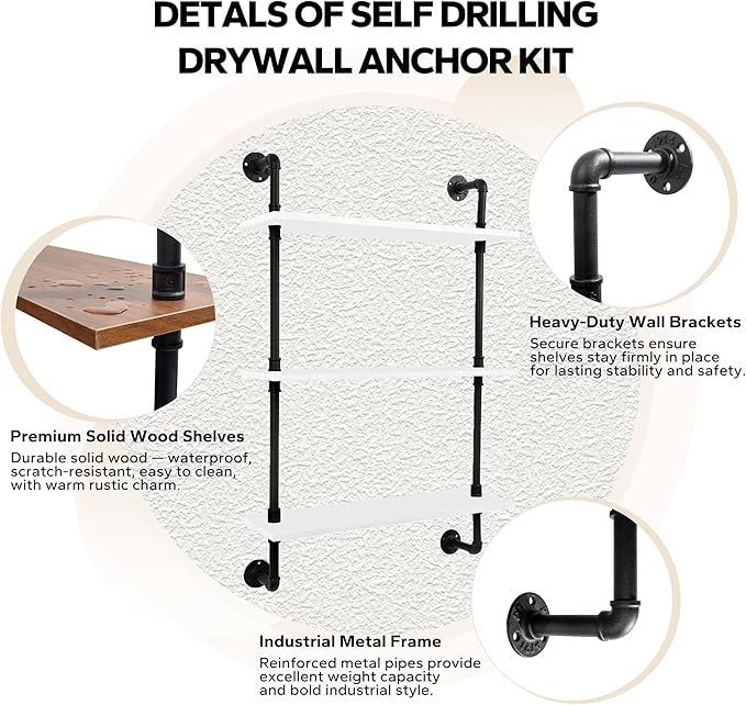 3-Tier Industrial Pipe Floating Shelf – Rustic 24 inch Wood Wall-Mounted Storage Shelf for Kitchen Office,Bathroom & Home Decor -White