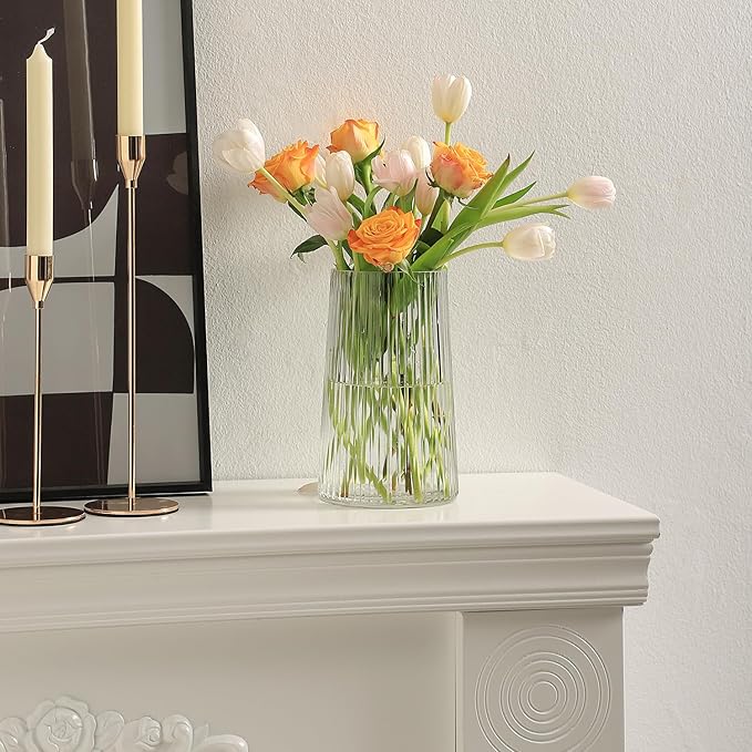 Clear Glass Vase for Flower, Flower Vase for Bouquet, Modern Glass Vases, Ribbed Vases for Living Room, Bedroom, Dining Table, Office, Wedding, Centerpieces, 8 Inches