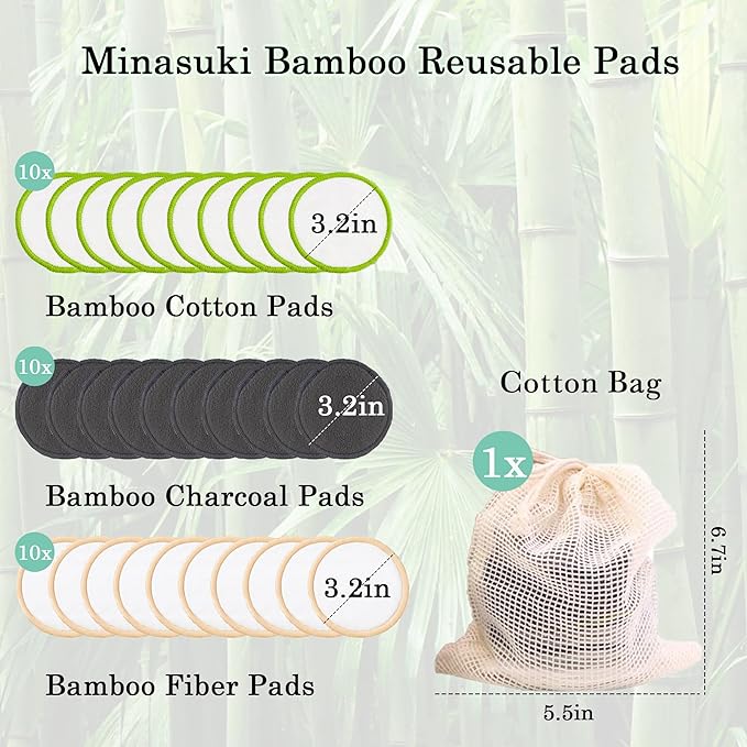 Reusable Makeup Remover Pads - 30 Packs Soft & Washable Bamboo Cotton Rounds, Reusable Face Pads for Skincare & Cleansing, Cotton Rounds with Mesh Bag for Storage