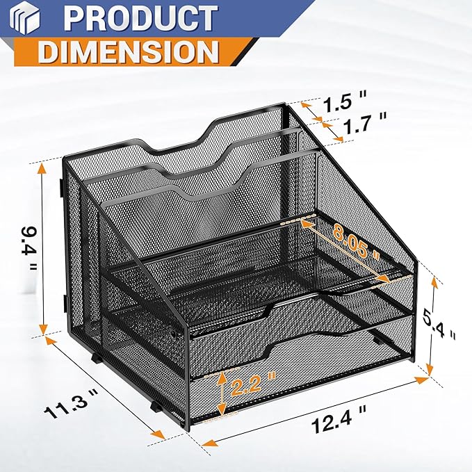 Letter Tray Organizer, Mesh Desk File Organizer with 3 Paper Trays and 2 Vertical Upright Section, Blank