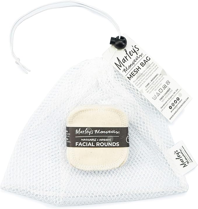 Marley's Monsters Facial Rounds 20 Count Pack + Laundry Bag - Soft and Reusable Organic Cotton Rounds (Organic Natural)