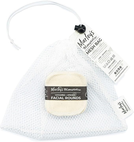 Marley's Monsters Facial Rounds 20 Count Pack + Laundry Bag - Soft and Reusable Organic Cotton Rounds (Organic Natural)